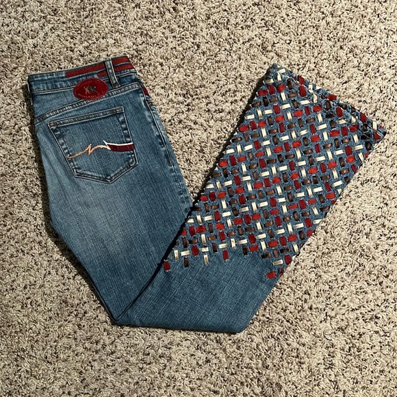 Parasuco Denim - Size 29 flare jeans with maroon brown and tan ribbon designs on bottom parts